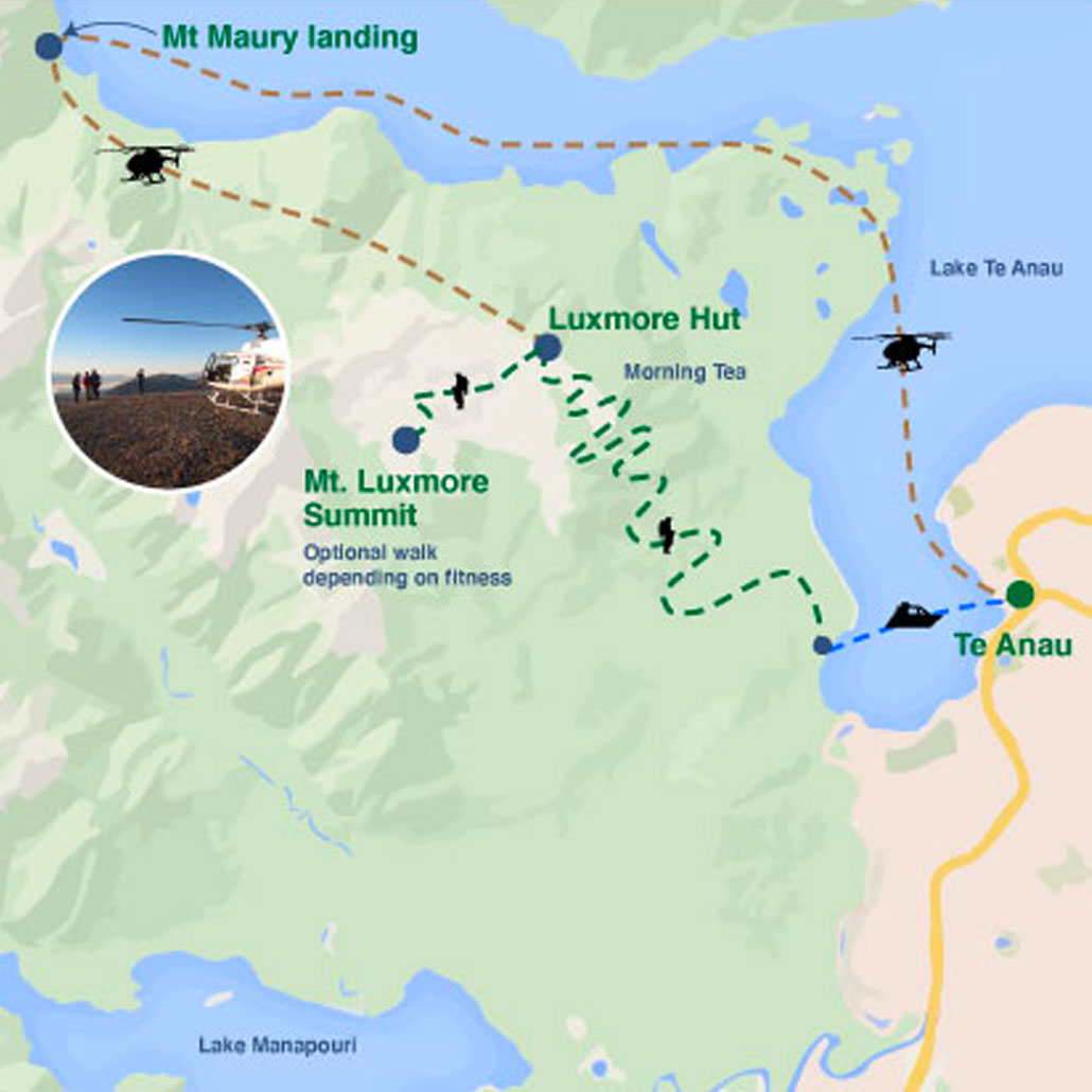 The map of Kepler Heli guided day walk with Fiordland Walks
