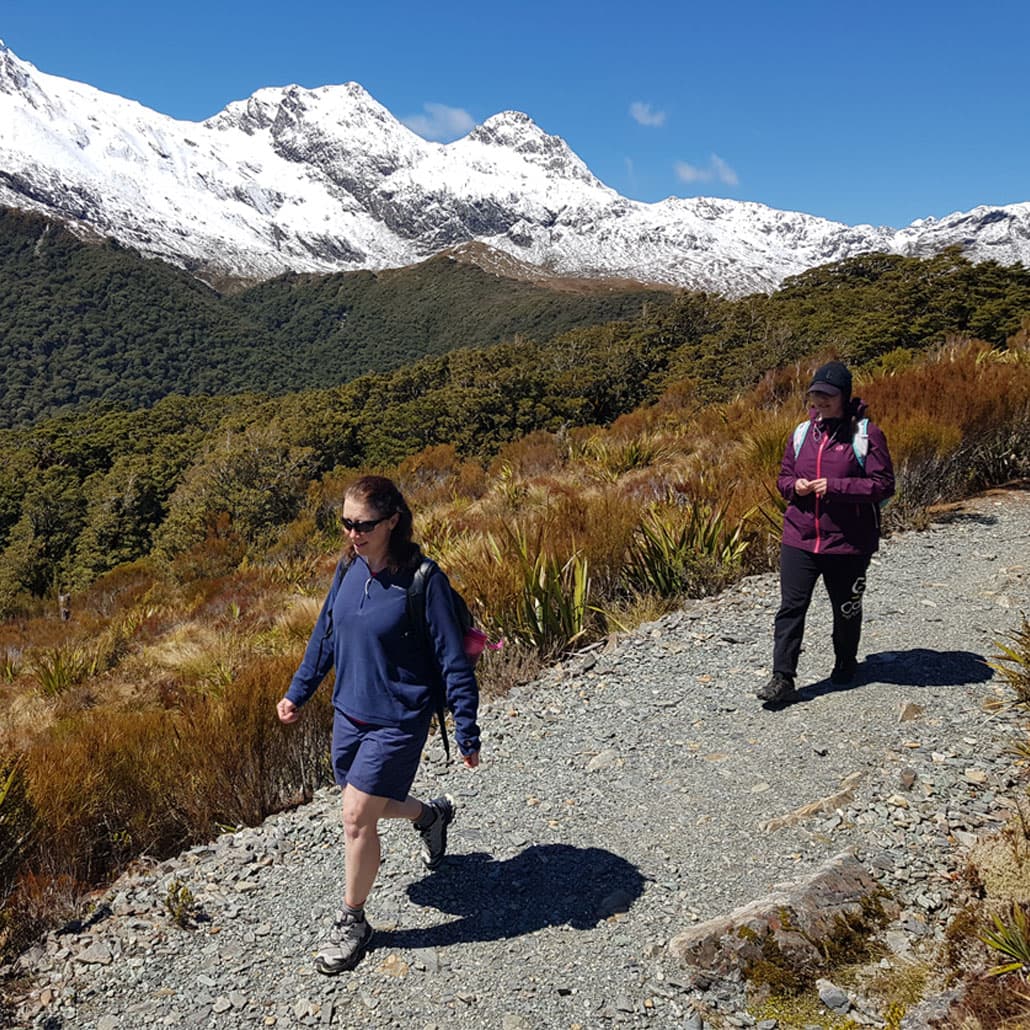 Walkers near the snowline on the Routeburn track with Fiordland Walks